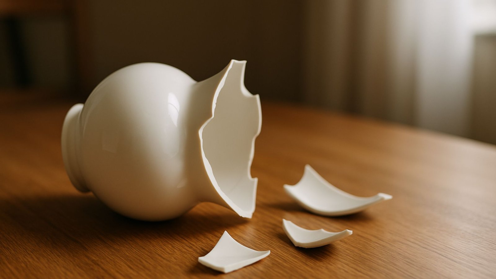 Vase en porcelaine blanche cassé sur une table en bois clair
