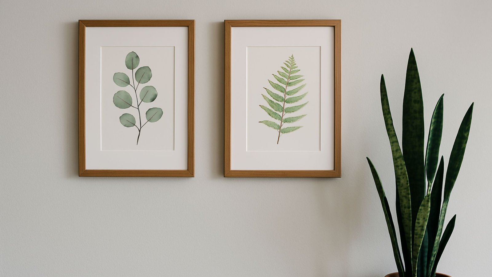 deux cadres sobres sur mur gris avec plante verte