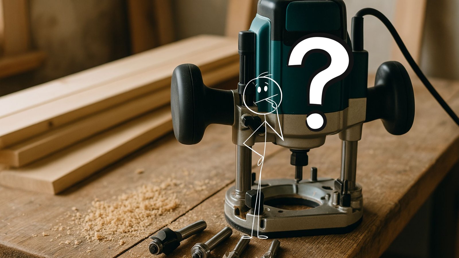 une défonceuse sur une planche en bois avec un point d'intrrogation