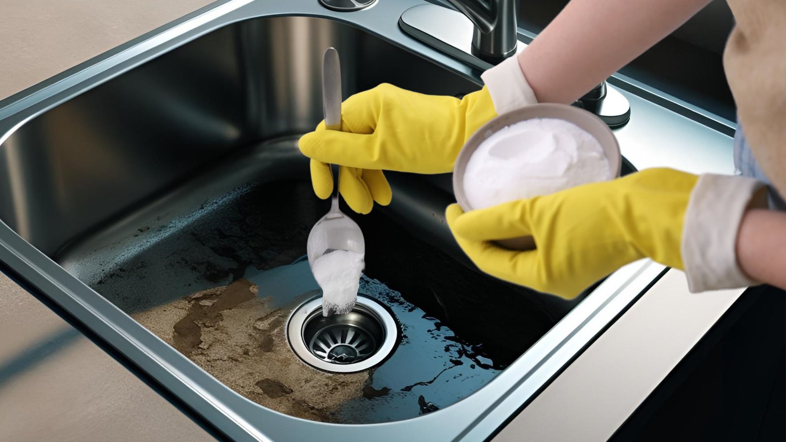 evier bouché evier bouché main qui déverse du déboucheur