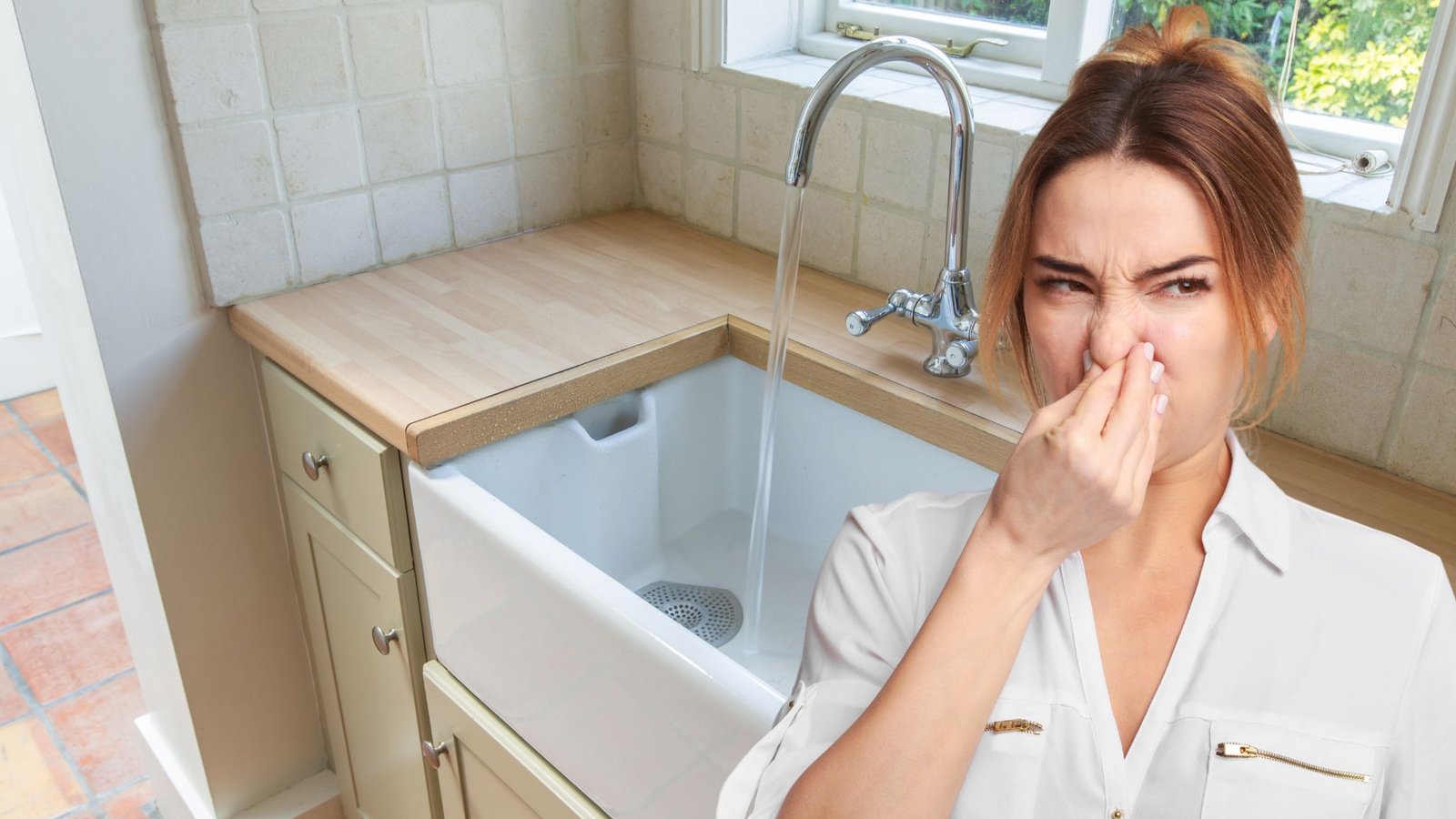 mauvaise odeur évier mauvaise odeur évier de cuisine avec femme qui se bouche le nez