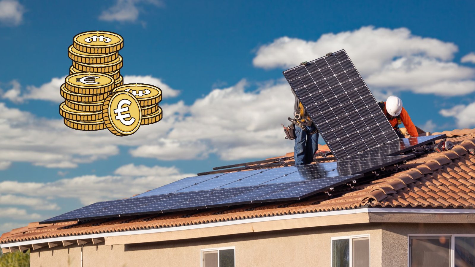 Installateurs de panneaux solaires sur un toit en tuile