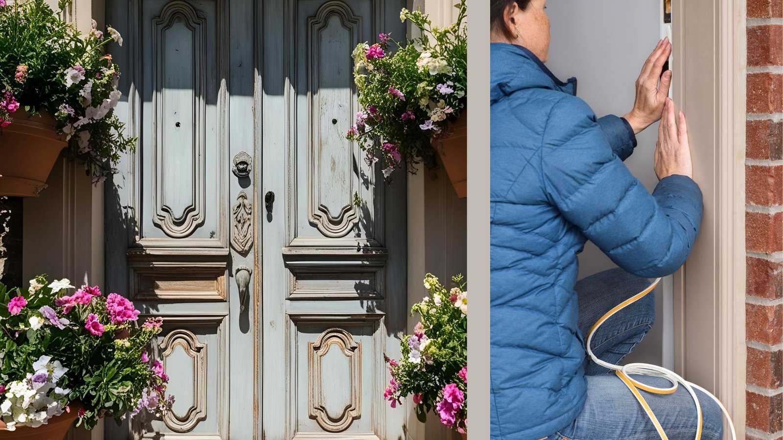 Porte d'entrée rustique avec des fleurs et une femme qui isole une porte