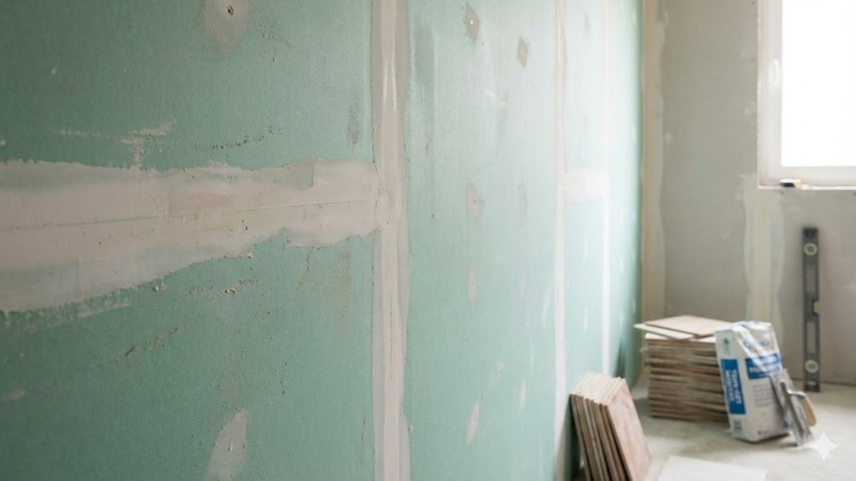 Mur en plaques de plâtre BA13 hydrofuge prêt pour la pose de carrelage dans une salle de bain en rénovation